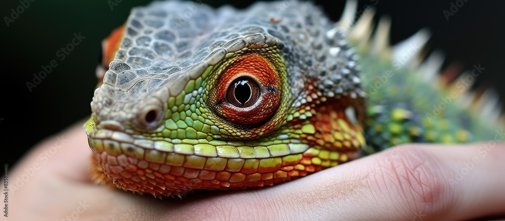 Obraz premium A lizard is being held on a sunny summer day outdoors, with a breathtaking background perfect for a copy space image.