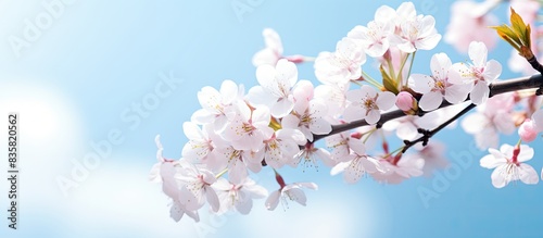 Spring blossoming trees with white flowers in a garden  set against a vivid blue sky  creating a spring-themed backdrop with a soft tone  perfect for a copy space image.