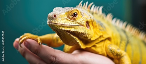 Unrecognizable man holding an exotic pet iguana in his hand  leaving a copy space image for the viewer.