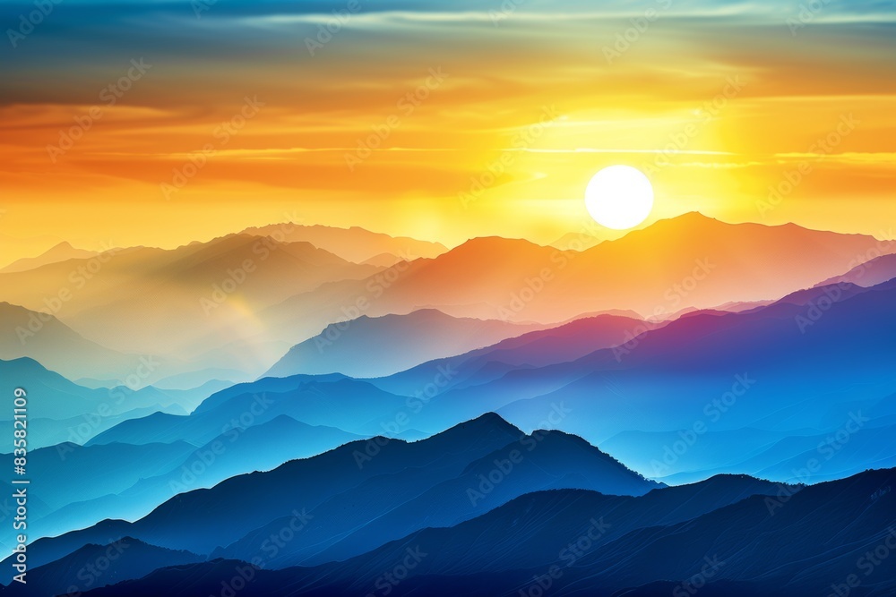 Sunset Over Colorful Mountain Range with Silhouettes of Peaks Sunset Over Colorful Mountain Range with Silhouettes of Peaks