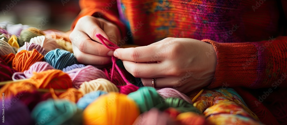 Fototapeta premium Close-up of hands knitting a vibrant scarf, with copy space image.