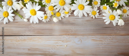 Old wooden board with daisies in the background, creating a rustic ambiance. Copy space image. Place for adding text and design
