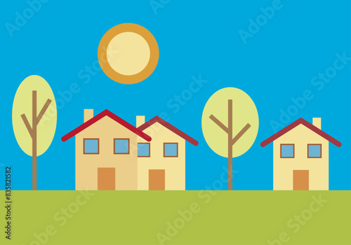 Casas de un pueblo con arboles en un día de verano o primavera