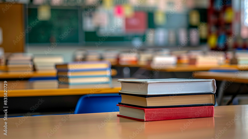 books on study desk in classroom with blur background books on study desk in classroom with blur background