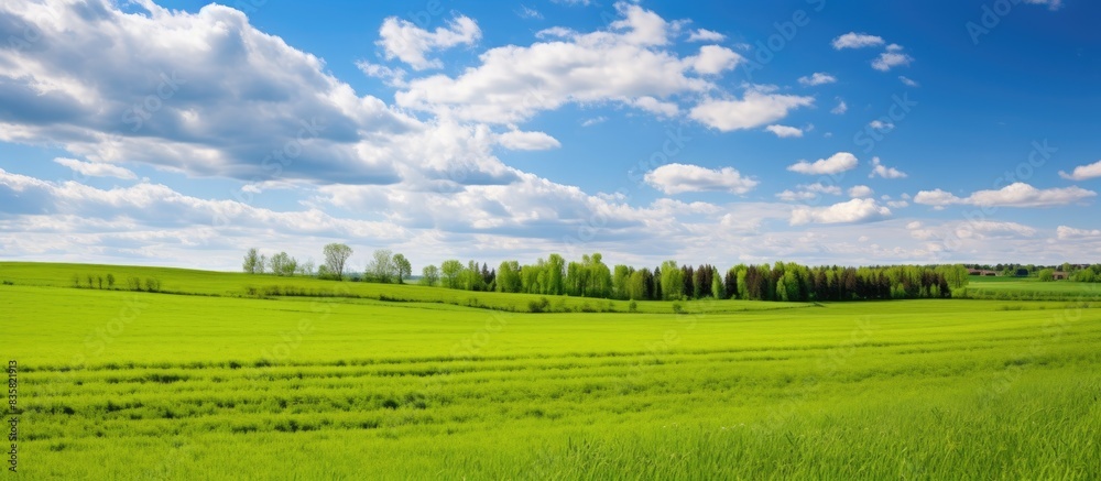Fototapeta premium Beautiful sunny weather graces a grassland farming landscape with a lush green pasture, ideal for a serene setting with vast expanses of greenery perfect for copy space images.