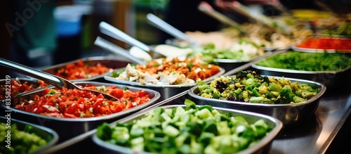 Buffet catering service in a mall with a variety of fresh organic salads displayed on the counter  offering self-service options  ideal for a copy space image.