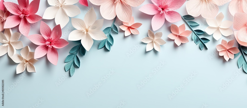 A festive arrangement of white paper flowers with a greeting card on a plain white backdrop, photographed from above with a spacious area for additional elements. A festive arrangement of white paper flowers with a greeting card on a plain white backdrop, photographed from above with a spacious area for additional elements.