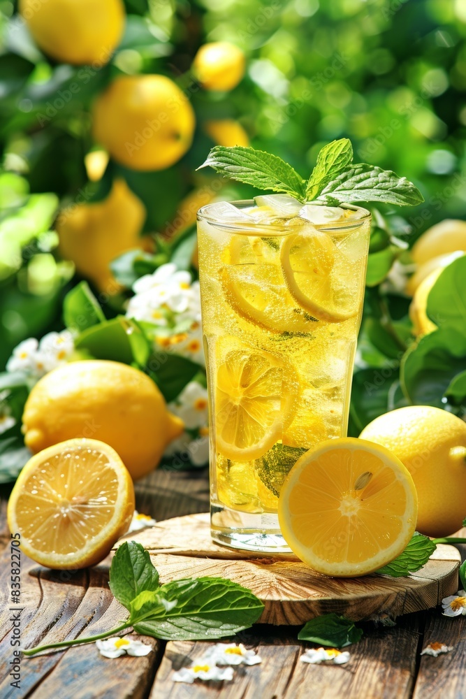 Refreshing Iced Lemonade With Fresh Lemons And Mint On Wooden Table Refreshing Iced Lemonade With Fresh Lemons And Mint On Wooden Table