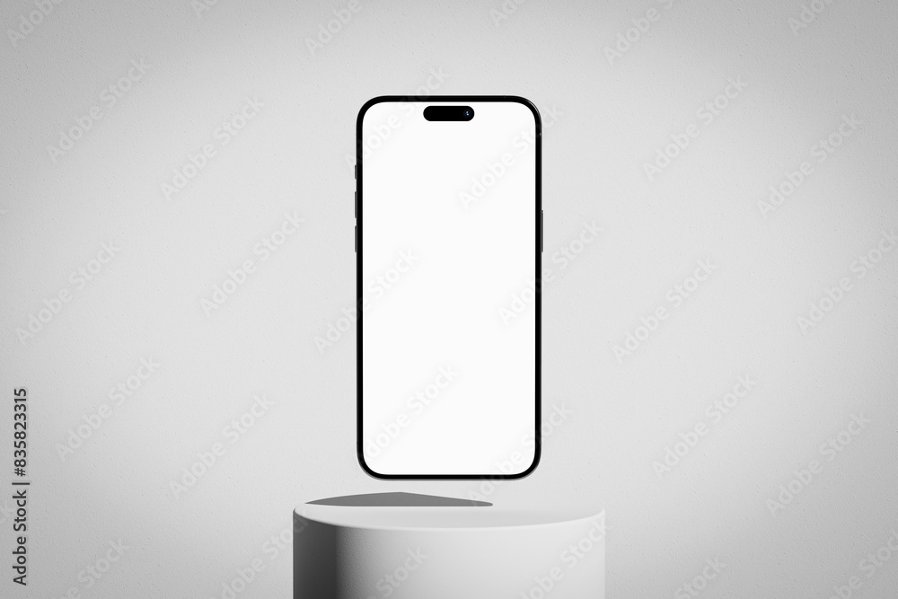 Studio scene with iPhone mobile phone with blank screen on the plaster podium Studio scene with iPhone mobile phone with blank screen on the plaster podium