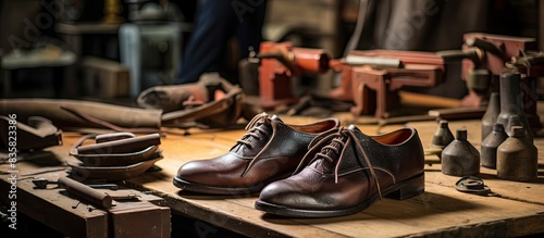 A close-up image of a bootmaker sewing leather on a machine in a workshop, with copy space.