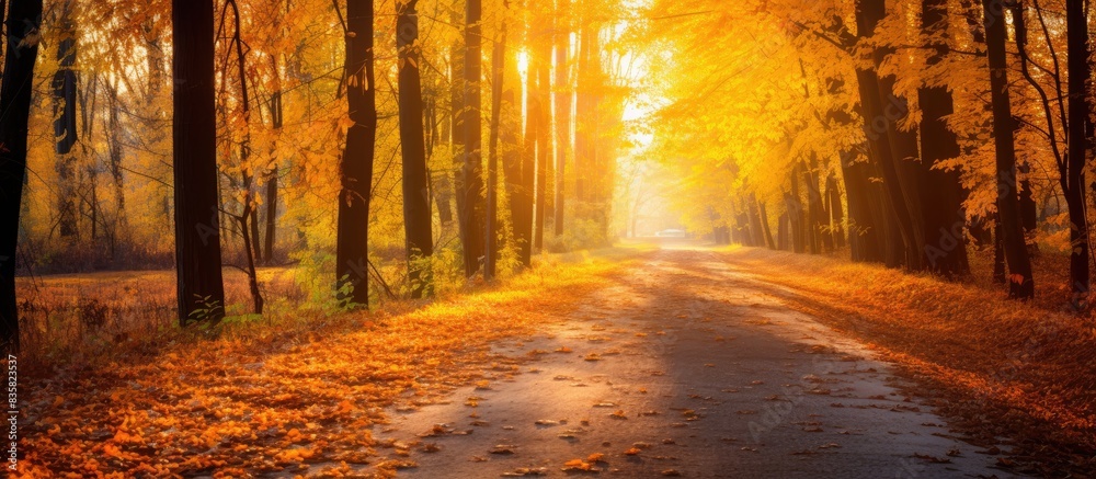 Sunny fall forest scene with trees, sun rays, and autumnal background, perfect for a copy space image.