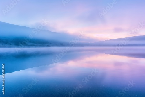 A peaceful lake at dawn, the surface mirror-like and reflecting the pastel colors of the sunrise sky, surrounded by gently mist-covered hills.