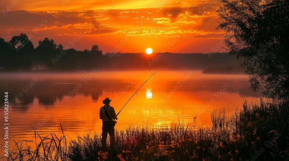 Fishing on the Lake with Sunset Fishing on the Lake with Sunset