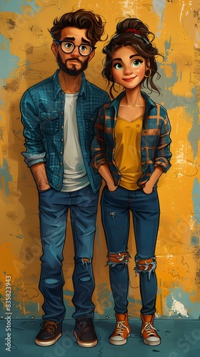 An inclusive cartoon illustration of a pansexual couple, each with unique expressions and styles, standing together. List of Art Media illustration photo