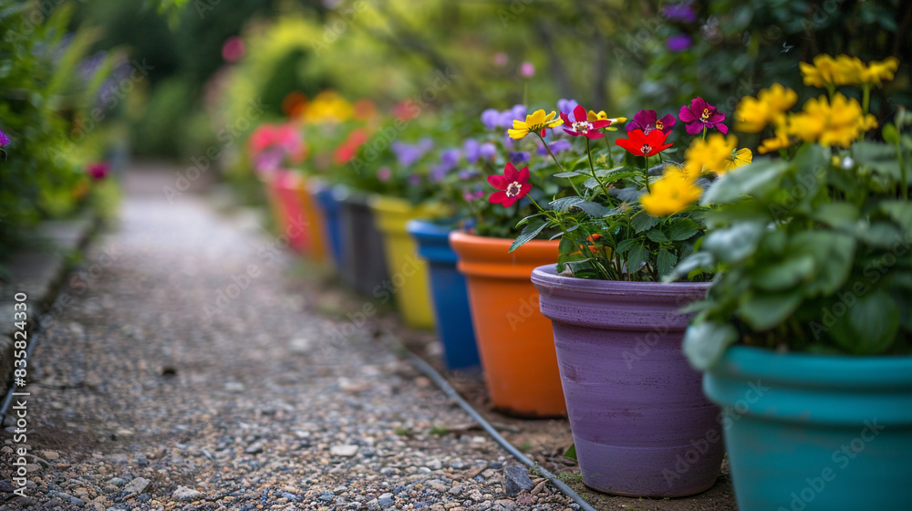 row of colorful pots along a garden path row of colorful pots along a garden path