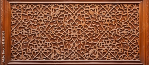 Wooden panel intricately carved with an Islamic design, featuring delicate craftsmanship and a detailed pattern, ideal for a copy space image.
