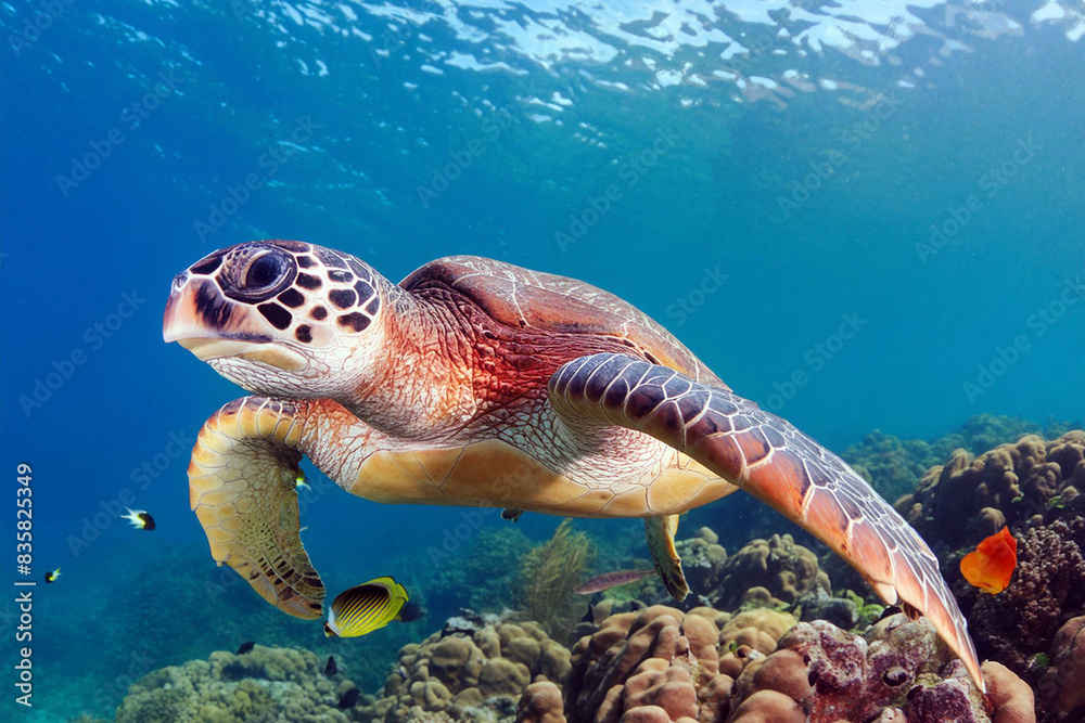 Fototapeta premium おおきなアオウミガメが悠然と泳いでいる様子をモチーフにしたグラフィック素材、広告素材、