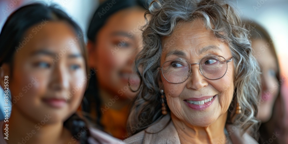 Fototapeta premium Portrait of a smiling elderly woman with gray hair and glasses, wearing a brown jacket. AI.