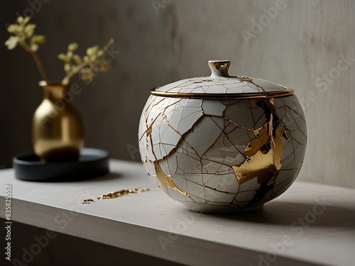 A kintsugi pot decorated its broken pieces carefully mended with shimmering gold displayed in a minimalist studio.