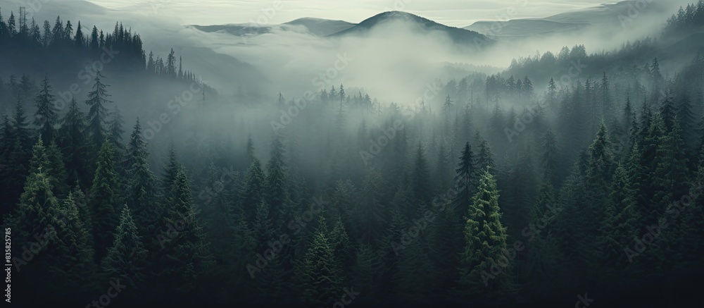 Fototapeta premium A misty morning in the pine forest valley exudes a spooky ambiance, resembling a dark, vintage copy space image.