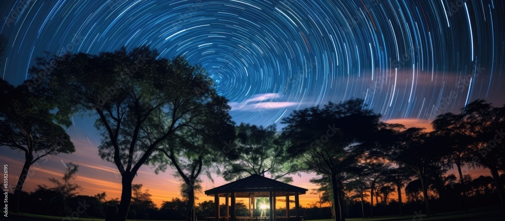 Fototapeta premium Night sky with rotating star trails and copy space image.