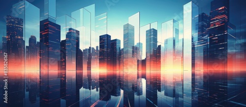 Tall city buildings under clear blue skies with copy space image.