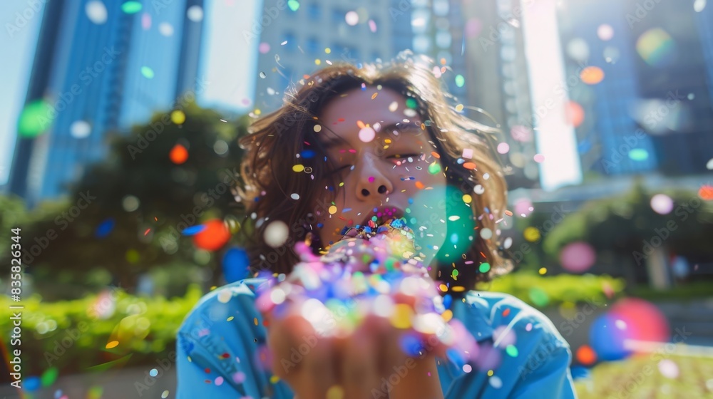 The woman blowing confetti The woman blowing confetti