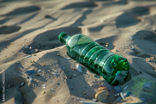 A discarded green plastic bottle lies on the sandy beach, highlighting environmental pollution and the pressing need for beach clean-ups. photo