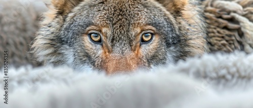 A wolf's eyes peer out from a pile of wool. AI.