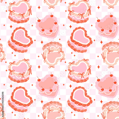 Coquette Retro Cake heart shaped Pattern Seamless Design with Colorful vibrant color isolated on White Background.
