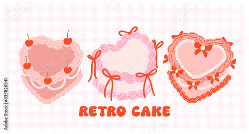 set of Retro Cake heart shaped Groovy Coquette Design with Ribbon bow banner
