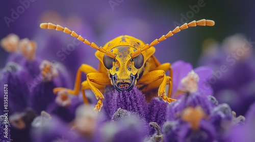 Extreme close-up beautiful yellow beetle on purple lavender in blossom. Chlorophorus varius, the grape wood borer, Longhorn Beetle. photo