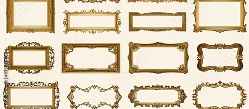 Golden vintage frames lined up on a clean white backdrop for displaying paintings, mirrors, or photos. An array of elegant gold frames isolated on a white background with copy space image.