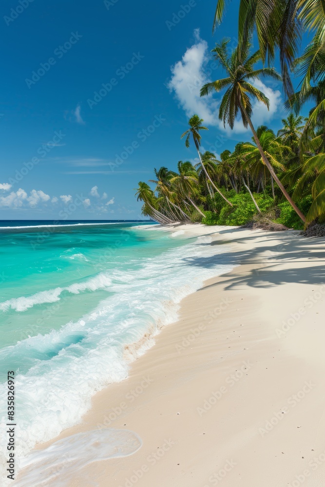 Obraz premium Tropical Beach With Turquoise Water And Palm Trees Under Clear Blue Sky