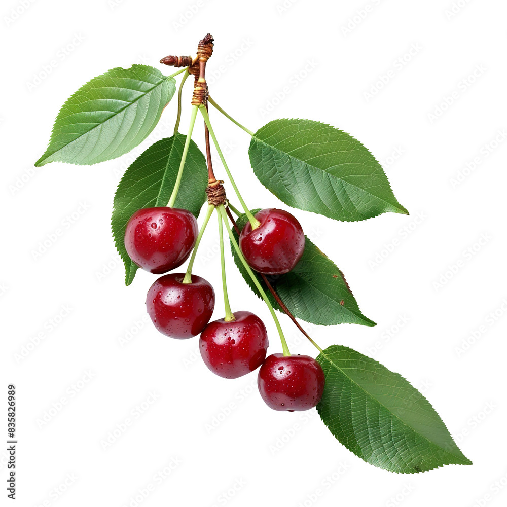 cherries fruit on a branch with leaves isolated on white background remove Png, Clipping Path cherries fruit on a branch with leaves isolated on white background remove Png, Clipping Path