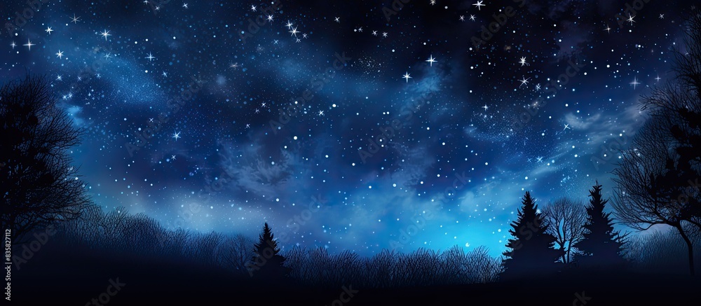Silhouettes of trees against a starry sky, creating a serene scene with ample copy space image.