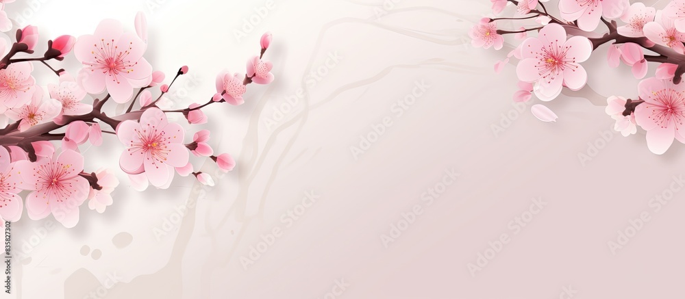 Fototapeta premium Cherry blossoms in bloom during spring season with white background providing copy space image.