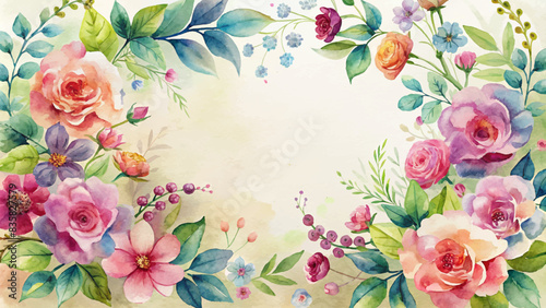 Watercolor background of flowers forming a frame