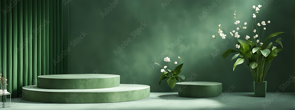 Background with Green Podium Product Platform for 3D Display. Luxury Green Abstract Studio with Leaf Pedestal Scene, Minimal Plant Design, Cosmetic Light, Presentation Wall, and Modern Tree. Background with Green Podium Product Platform for 3D Display. Luxury Green Abstract Studio with Leaf Pedestal Scene, Minimal Plant Design, Cosmetic Light, Presentation Wall, and Modern Tree.