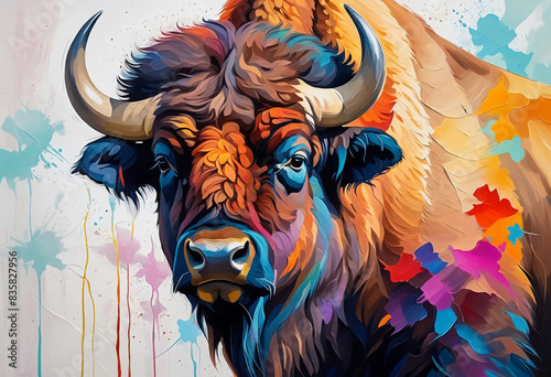 Colorful abstract bison animal portrait painting, nature theme concept texture design photo