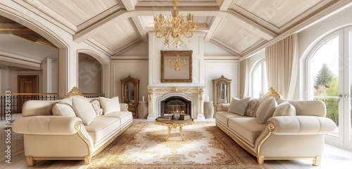 A sophisticated living room with a vaulted ceiling, an elegant fireplace, a plush area rug, and luxurious cream-colored sofas accented with gold decor. © Aheer,s Graphics