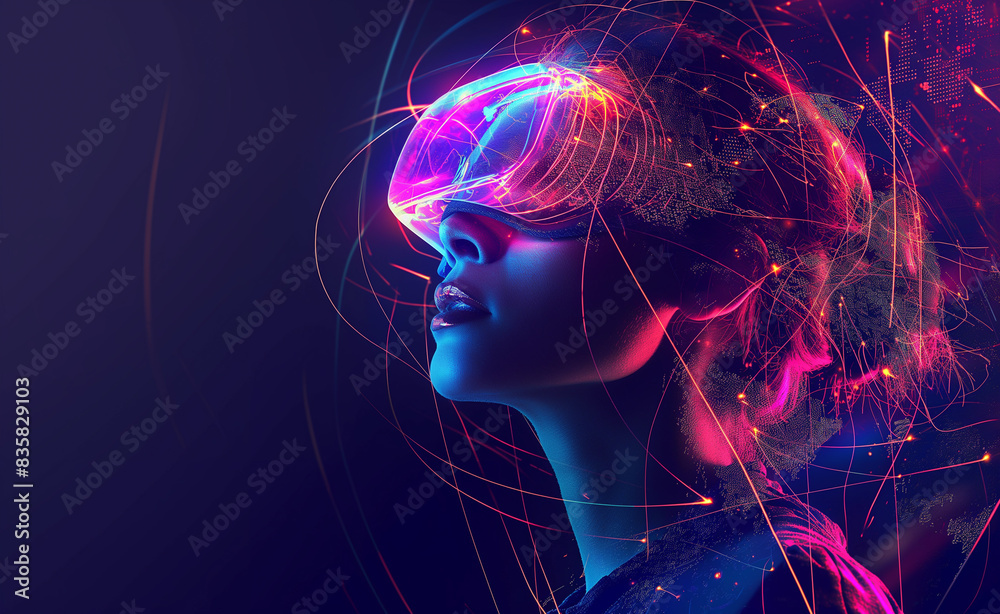 A woman is immersed in a virtual reality experience, wearing a VR headset. The background is a vibrant blend of digital graphics and lights, illustrating the immersive and futuristic nature. A woman is immersed in a virtual reality experience, wearing a VR headset. The background is a vibrant blend of digital graphics and lights, illustrating the immersive and futuristic nature.
