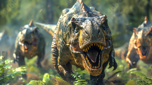 Illustration of three wild T-Rex hunting 