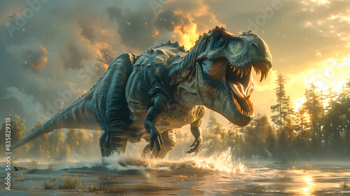 Illustration of a wild Tyrannosaurus rex with the sunset in the background and copy space  © Cristian