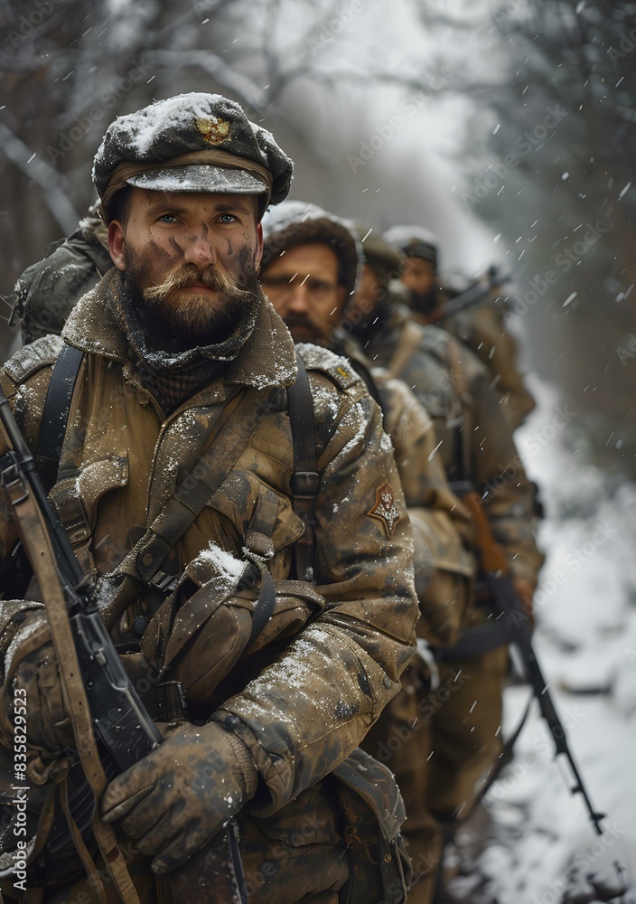 Obraz premium A group of soldiers in winter gear are walking through a snowy forest.