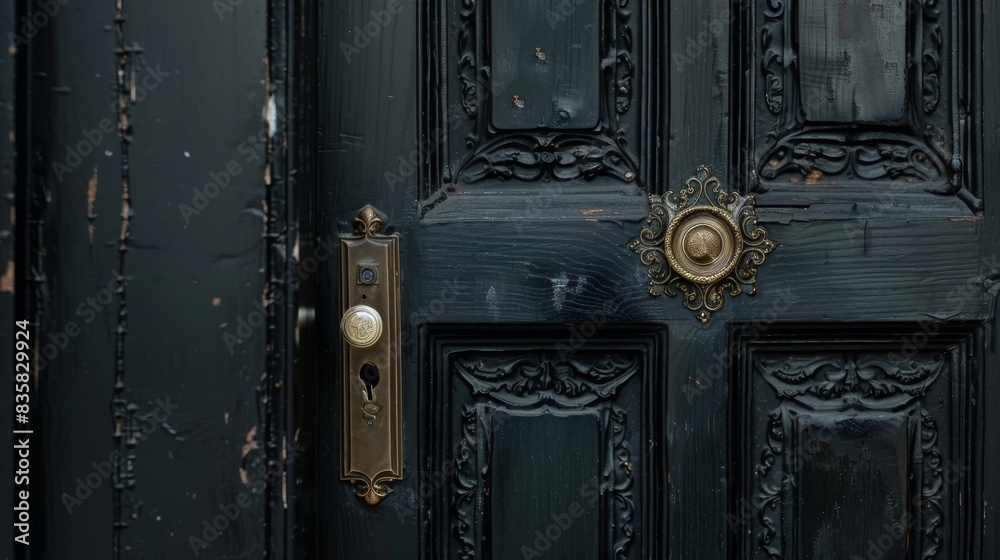 Enigmatic black door with opulent gold handle, inviting exploration. Dramatic dark background with a single, intriguing door. Enigmatic black door with opulent gold handle, inviting exploration. Dramatic dark background with a single, intriguing door.