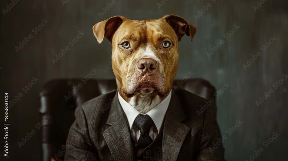 Funny Pit bull dog in a business suit, unexpected office worker. Pit bull dog wearing a suit and tie, prehistoric career change. Funny Pit bull dog in a business suit, unexpected office worker. Pit bull dog wearing a suit and tie, prehistoric career change.