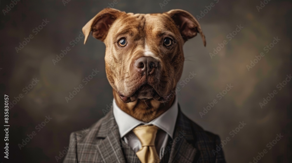 Funny Pit bull dog in a business suit, unexpected office worker. Pit bull dog wearing a suit and tie, prehistoric career change. Funny Pit bull dog in a business suit, unexpected office worker. Pit bull dog wearing a suit and tie, prehistoric career change.