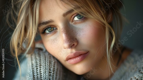 portrait of a beautiful woman with freckles and green eyes photo