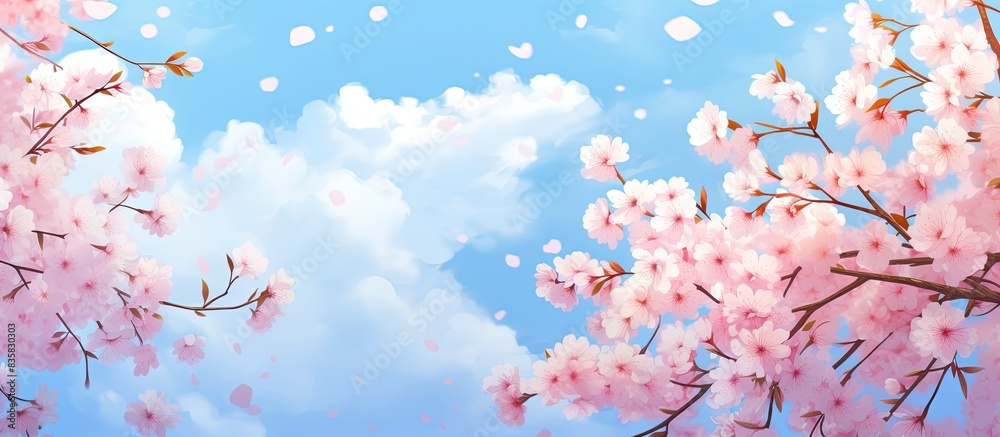 Cherry blossoms in full bloom against a picturesque backdrop with copy space image. Cherry blossoms in full bloom against a picturesque backdrop with copy space image.